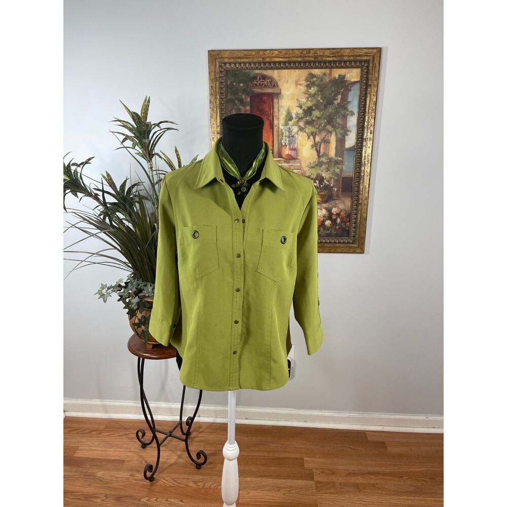 Kathy Che Safari Top Women's 10 Green 3/4 Sleeve Button Down Gorpcore Retro 70s